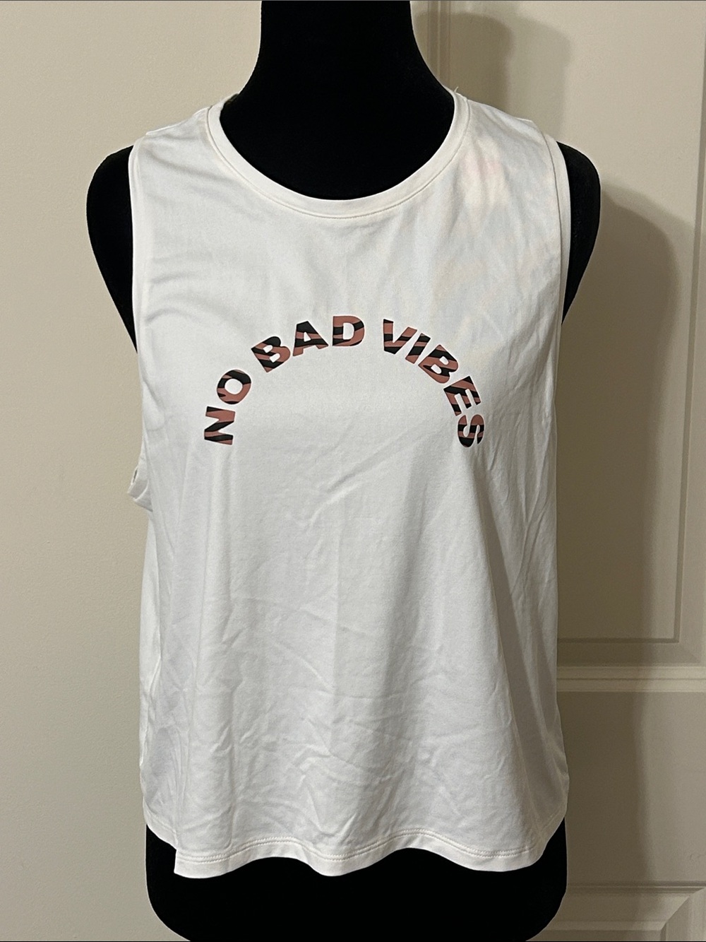 NWT Victoria's Secret White Tank Top with Camouflage "No Bad Vibes" Graphic